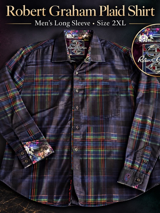 Robert Graham Other - #0374 Robert Graham Men’s 2XL Dark Plaid Long-Sleeve Shirt Floral Trim